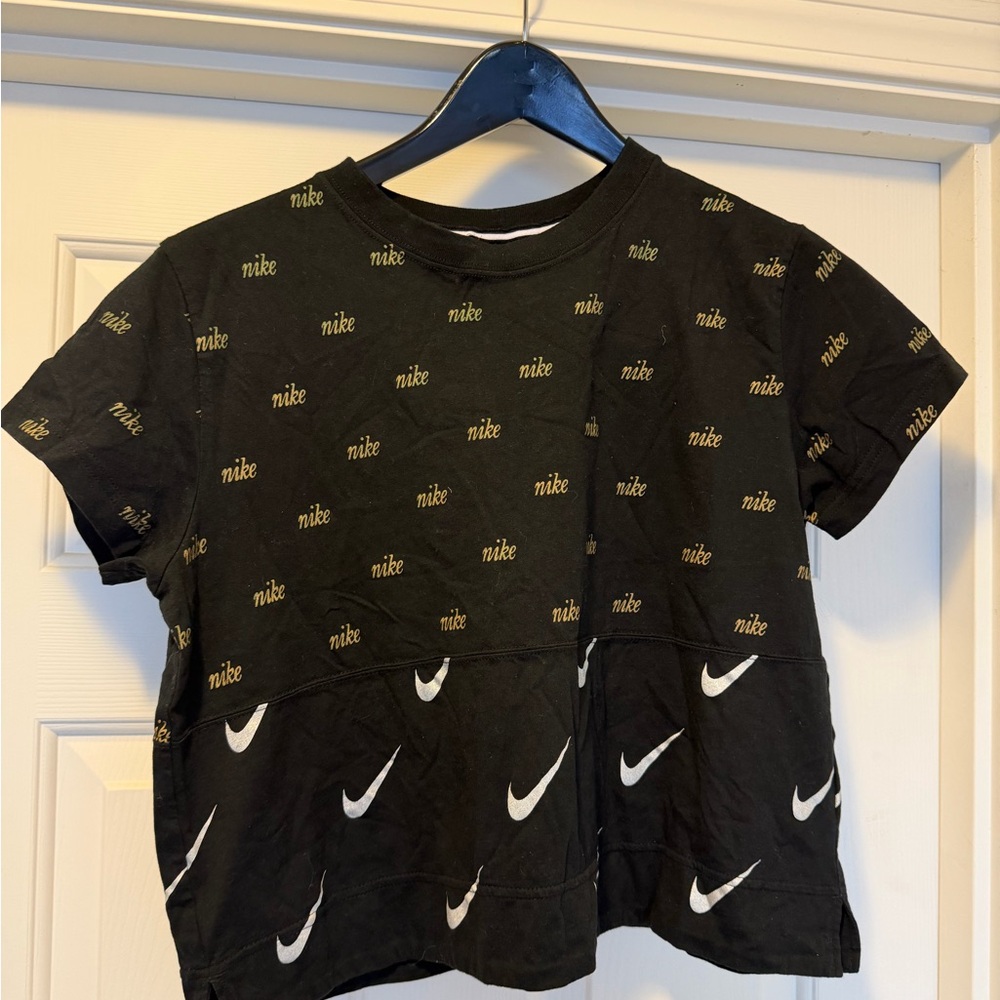 Nike crop Black Tee with Gold Text and White Swooshes